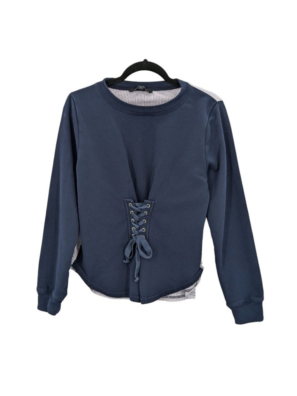 Lace Up Top Navy Mixed Media Top Preppy Coastal Minimalist Effortless Medium
